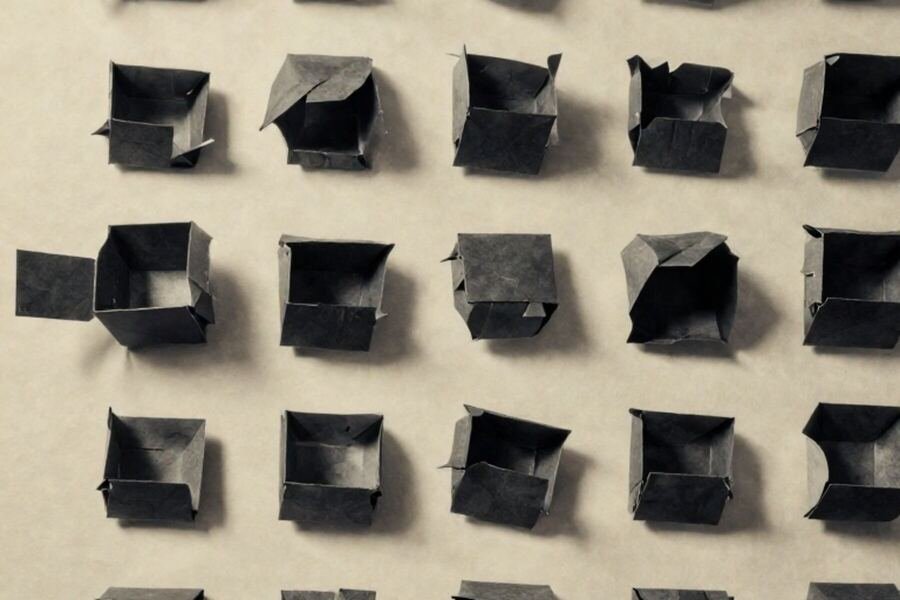 A tight grid of identical folded paper boxes with one open