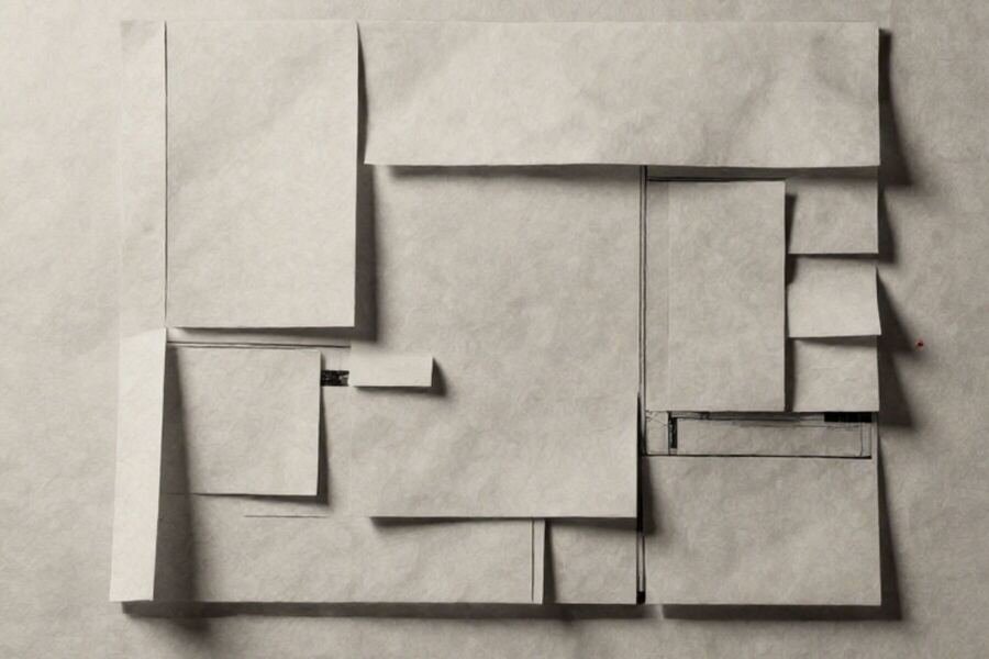 Paper rectangles laid out like a plan of plots, divided by thin lines