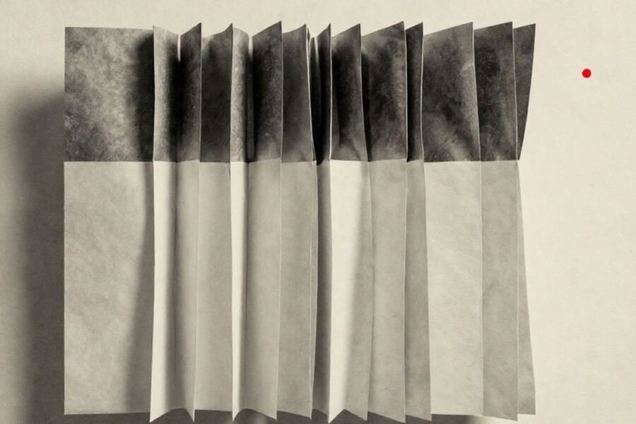 A run of paper sheets each folded open to reveal an inner face