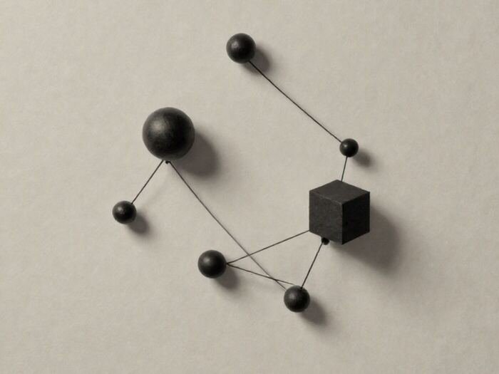 Small spheres and one cube arranged in a constellation and joined by taut black thread
