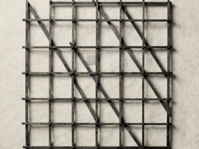 A lattice of thin dark rods laid over pale paper, with one cell filled solid